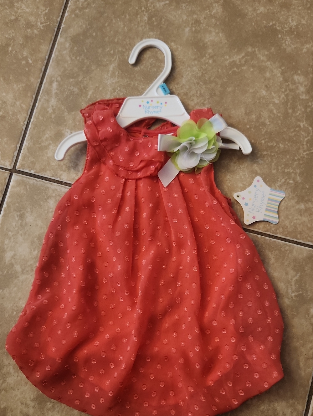 Nursery Rhyme Red Sleeveless Bubble Dress with Green/White Flower Accent